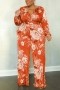 xl-5xl plus-size stretch flower batch printing 5 colors with belt jumpsuit_Dark Blue_Brown_Orange