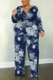 xl-5xl plus-size stretch flower batch printing 5 colors with belt jumpsuit_Dark Blue