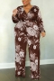 xl-5xl plus-size stretch flower batch printing 5 colors with belt jumpsuit_Dark Blue_Brown
