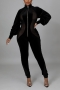 plus size slight stretch mesh velvet patchwork zip-up slim sexy jumpsuit_Black