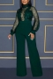 plus size slight stretch 5-colors mesh sequins belt zip-up sexy jumpsuit_Dark Green