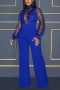 plus size slight stretch 5-colors mesh sequins belt zip-up sexy jumpsuit_Dark Green_Red_Blue
