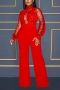 plus size slight stretch 5-colors mesh sequins belt zip-up sexy jumpsuit_Dark Green_Red