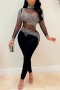 plus size slight stretch mesh spliced rhinestone zip-up sexy jumpsuit_Black