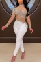 plus size slight stretch mesh spliced rhinestone zip-up sexy jumpsuit_Black_White