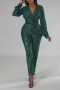 plus size slight stretch 3-colors sequins zip-up v-neck stylish jumpsuit_Black_Dark Green
