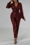 plus size slight stretch 3-colors sequins zip-up v-neck stylish jumpsuit_Black_Dark Green_Rose Red