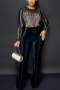 plus size slight stretch 4-colors rhinestone mesh velvet zip-up sexy jumpsuit_Black_Dark Green