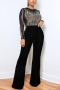 plus size slight stretch 4-colors rhinestone mesh velvet zip-up sexy jumpsuit_Black