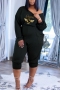 plus size slight stretch bee letter fixed printing nipped waist jumpsuit_Black