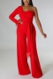 plus size 3 colors stretch feather one shoulder with belt stylish jumpsuit_Black_White_Red