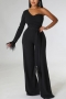 plus size 3 colors stretch feather one shoulder with belt stylish jumpsuit_Black