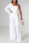 plus size 3 colors stretch feather one shoulder with belt stylish jumpsuit_Black_White
