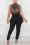 plus size stretch rhinestone mesh stitching lace-up zip-up sexy jumpsuit_Black