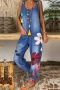 plus size non-stretch floral printing pocket stylish casual denim jumpsuit_Blue