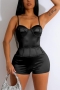 plus size 4 colors slight stretch padded backless sling zip-up sexy playsuit_Black