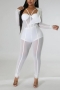 plus size 4 colors mesh stitching slight stretch shoulder padded sexy jumpsuit_Black_White
