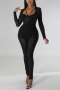plus size 4 colors mesh stitching slight stretch shoulder padded sexy jumpsuit_Black