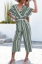 casual plus size non stretch contrast color stripe printing v-neck jumpsuit (without belt)_Dark Green
