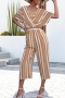 casual plus size non stretch contrast color stripe printing v-neck jumpsuit (without belt)_Dark Green_Red_Orange