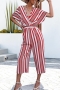 casual plus size non stretch contrast color stripe printing v-neck jumpsuit (without belt)_Dark Green_Red