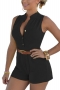 casual plus size 7 colors slight stretch single-breasted playsuit with belt_Black