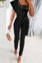 casual plus size slight stretch one shoulder sequins zip-up belt jumpsuit_Black