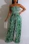 casual plus size slight stretch 3 colors leaf batch printed tube belt jumpsuit_Black_Green