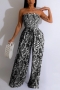 casual plus size slight stretch 3 colors leaf batch printed tube belt jumpsuit_Black