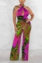 sexy plus size stretch 3 colors leaf batch printed cross halter-neck jumpsuit_Magenta