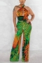 sexy plus size stretch 3 colors leaf batch printed cross halter-neck jumpsuit_Magenta_Green