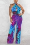 sexy plus size stretch 3 colors leaf batch printed cross halter-neck jumpsuit_Magenta_Green_Blue
