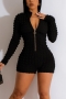 casual plus size slight stretch simple solid color 4 colors slim zip-up playsuit_Black