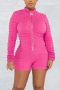 casual plus size slight stretch simple solid color 4 colors slim zip-up playsuit_Black_White_Magenta