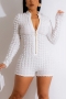 casual plus size slight stretch simple solid color 4 colors slim zip-up playsuit_Black_White