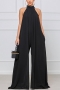 plus size casual non-stretch 4 colors halter-neck button jumpsuit_Black
