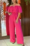 casual non-stretch solid color off-shoulder waist straight leg jumpsuit_Black_Magenta
