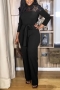stylish slight stretch lace patchwork zip-up belt straight jumpsuit_Black