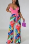 sexy plus size slight stretch leaf print spliced backless jumpsuit (with belt)_Black_Pink