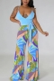 sexy plus size slight stretch leaf print spliced backless jumpsuit (with belt)_Black_Pink_Red_Sky Blue