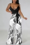 sexy plus size slight stretch leaf print spliced backless jumpsuit (with belt)_Black