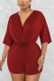 casual plus size slight stretch 6 colors v-neck drawstring playsuit_White_Rose Red