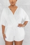 casual plus size slight stretch 6 colors v-neck drawstring playsuit_White