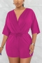 casual plus size slight stretch 6 colors v-neck drawstring playsuit_White_Rose Red_Magenta
