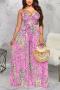 sexy plus size slight stretch backless sling wide-leg pleated jumpsuit with belt_Pink