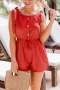 stylish solid color non-stretch single-breasted lace-up pocket playsuit_Black_Red