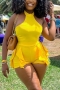 stylish plus size solid color stretch ruffle sleeveless slim playsuit_White_Magenta_Yellow