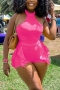 stylish plus size solid color stretch ruffle sleeveless slim playsuit_White_Magenta