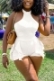stylish plus size solid color stretch ruffle sleeveless slim playsuit_White