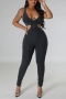 sexy plus size 5 colors stretch cutout ribbed knit low-cut slim jumpsuit_Black